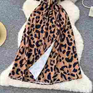 Vestido midi casual de verano con cuello en V y abertura, túnica ajustada con vendaje, manga corta, estampado de leopardo y encaje para mujer - Product Image 3