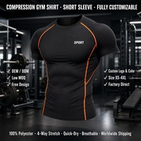 T-shirt de compression OEM à manches courtes pour la gym, extensible dans les 4 sens, 100 % polyester, séchage rapide, avec passepoil, personnalisable, faible MOQ