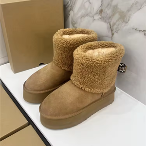 Bottes de neige pour femmes, en cuir véritable, avec fourrure, doublure en laine épaisse, hauteur accrue, chaudes, pour l'hiver - Product Image 1