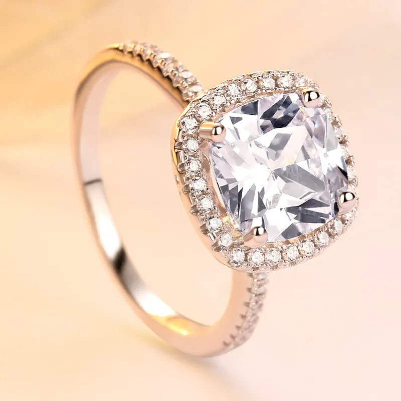 Besar 9*9 CZ Halo Cincin Pernikahan S925 Sterling Silver Pertunangan Wanita Cincin Mewah