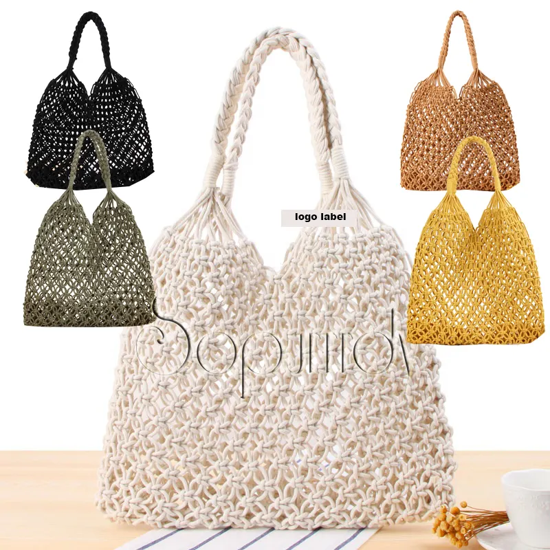 Sopurrrdy Wholesale Fashion Straw Indonesia Mesh Clutch Cotton Beach Tote Bag Shopping Tote Net Rattan Tote Bag with Handle