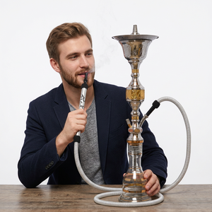 Chicha authentique égyptienne Khalil Mamoon de 92 cm, finition argentée avec accents en laiton et tuyau assorti - Product Image 2