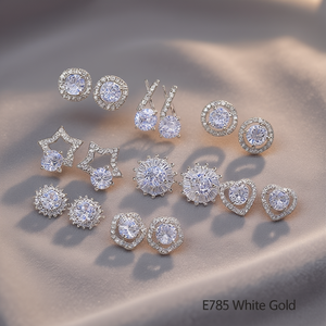 E785 Orecchini a lobo in oro bianco con cristalli a forma di stella, montatura a griffe, stile classico da donna per tutti i giorni - Product Image 2