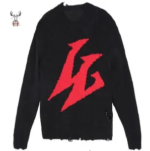 Custom New Arrivals Winter Fashion Ripped Design Jacquard Knitwear Standard Knit Men Pullover Sweater