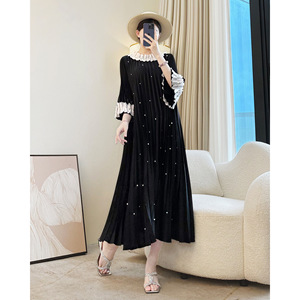 Vestido Casual Elegante Azul Marino Plisado para Mujer con Detalle de Perlas y Cuello con Volantes - Vestido Midi con Mangas Abullonadas para Fiesta - Product Image 2