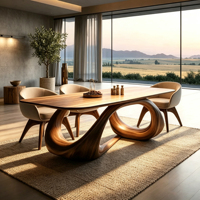 Table à manger en bois massif torsadé abstrait, base courbée artistique, plateau rectangulaire pour mobilier de salle à manger moderne et luxueux