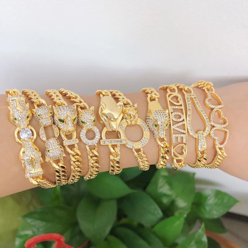 Cuba Chain Gorgeous Hip hop Jewelry CZ Zircon Leopard Head Bracelets Animals Love Letter Gold Plated Brass Bracelets