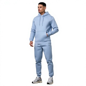 Conjunto Deportivo con Capucha Azul Claro para Hombre, Manga Larga, Color Sólido, Ropa Casual para Correr con Bolsillos Laterales, Corte Regular, Ropa de Otoño - Product Image 1