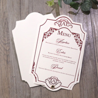Carte de menu de mariage vintage découpée, dorure bordeaux, impression personnalisée recto-verso, carton rigide, décoration de table pour réception de banquet