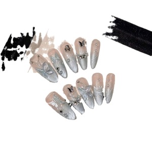 <span class=keywords><strong>Uñas</strong></span> Postizas <span class=keywords><strong>de</strong></span> Acrílico con Efecto Ojo <span class=keywords><strong>de</strong></span> Gato Verde Menta Mambo, Diseño Francés, Mariposa Pequeña, Base Ovalada Transparente, Pedrería Apilada - Product Image 4