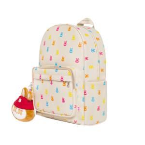 Summer Rabbit <b>Backpack</b> All Over Multi Color Print Smooth PU <b>Leather</b> Tall Bag With Detachable Plush Rabbit Head Charm - Product Image 2