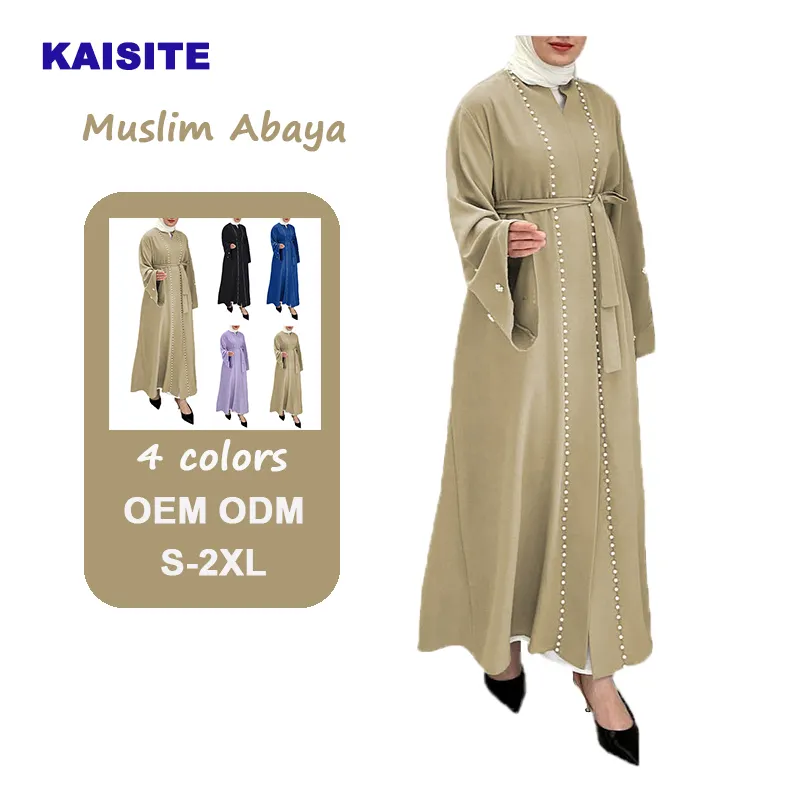 2023 Plain Black Open Abaya Dubai Kimono with Pearls and Belts Flared Sleeves Modest Abaya Muslim Dress Islamic Clothing