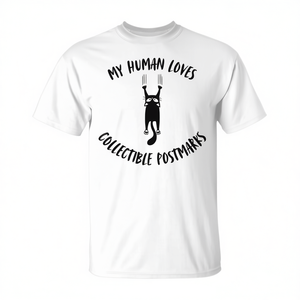 T-shirt unisexe pour adulte à manches courtes et col rond, imprimé en sérigraphie, avec le motif « Mon humain aime les tampons postaux de collection » et « Hobby des propriétaires de chats » - Product Image 2