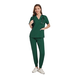 Women Scrub Suit Set Green Short Sleeve V Neck Elastic Cuff <b>Pants</b> Moisture Wicking Hospital <b>Work</b> Uniform Split Set - Product Image 4