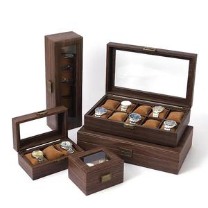 Ready to Ship High Quality Vintage <strong>Wood-Veneer</strong> Leather Watch Box Retro 2/3/6/10/12 Slots PU Watch Storage Case with Window - Product Image 1