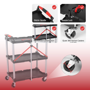 Chariot roulant pliable à 3 niveaux, robuste, avec roues à frein pour entrepôt, garage, directement du fabricant - Product Image 4