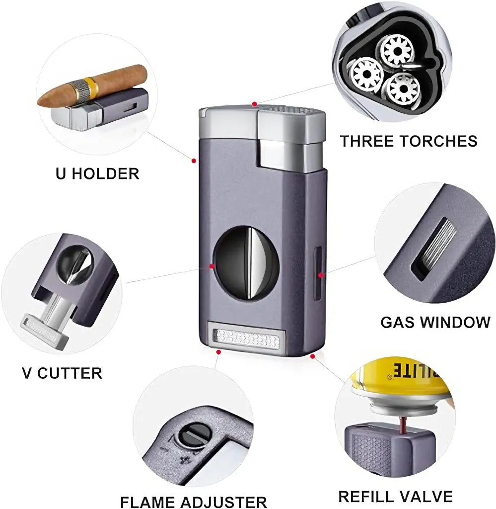Neues Design Zigarren zubehör Luxus Zink legierung Wind dicht Jet Flame Triple Torch Custom Zigarren anzünder Mit Zigarren schneider