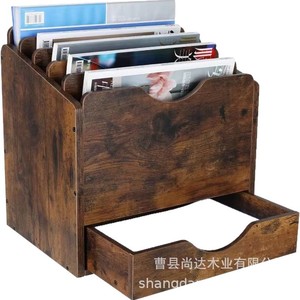Retro wooden multi-compartment <b>file</b> <b>organizer</b> for office and living room desktops, walnut color. - Product Image 2