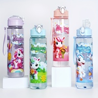 BABYBEAN Bouteille d'eau en PC de 750 ml avec paille, couvercle anti-poussière, verrou de sécurité, anti-fuite, réutilisable, design minimaliste, transparente, imprimé poney mignon