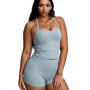 Women's 2-Piece Pink Solid Knitted Lounge Set V-neck Sleeveless Crop Top Shorts Elastic Waist Breathable Casual Summer Wear High - Product Image 2