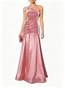 New Women One-Shoulder Floor-length Formal <b>Evening</b> GownElegant <b>Velvet</b> Patchwork Pleated High-low Party Maxi <b>Dresses</b> - Product Image 6