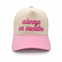 Casquette de baseball unisexe rose bonbon à 5 panneaux, style A-Frame, avec broderie 3D en relief 'Vacation', visière courbée blanc cassé, style streetwear