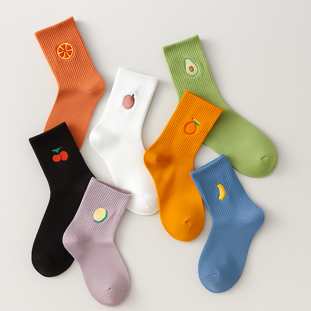 Custom Logo Fruit Embroidered Crew Socks for Men Women Colorful Cotton Casual Socks Wholesale OEM Fashion Sock Manufacturer