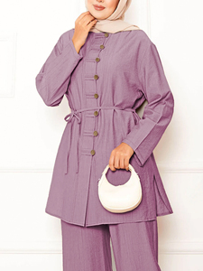 Alla rinfusa modeste da donna eleganti abiti musulmani medio-orientali Dubai due pezzi completo camicia a maniche lunghe a maniche lunghe camicetta pantaloni da donna - Product Image 5