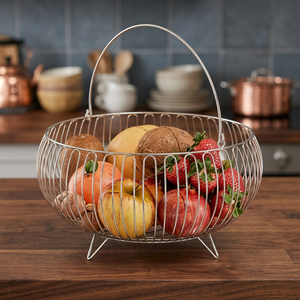 <b>Round</b> Metal Fruit <b>Basket</b> Wire Kitchen <b>Storage</b> Stand Type Minimalist Design Durable Single Tier - Product Image 2