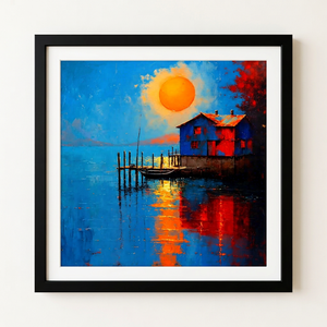 Peinture sur toile acrylique texturée Paysage marin tropical contemporain, impressionniste, impression sur toile de paysage marin, art du coucher de soleil, maison flottante, lac - Product Image 1