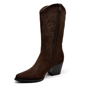 รองเท้าบูทคาวบอยสไตล์วินเทจปักลายหนังกลับสำหรับผู้หญิง ทรงวี ปลายแหลม ส้นหนาเรียว - Product Image 1