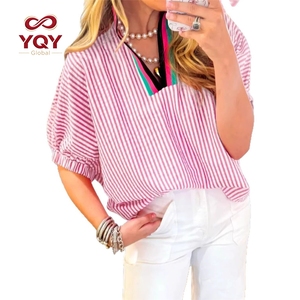 Camicia a maniche corte a righe con scollo a V e colori a contrasto, top casual da <span class=keywords><strong>donna</strong></span>, <span class=keywords><strong>blusa</strong></span> in maglia rilassata per la primavera e l'estate - Product Image 6