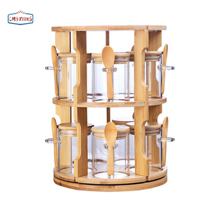 360&deg; <strong>Rotating</strong> <strong>Spice</strong> Bamboo Tabletop <strong>Rack</strong> With <strong>Spice</strong> Jar Set Household High Borosilicate Glass <strong>Rotating</strong> Containers Storage - Product Image 1