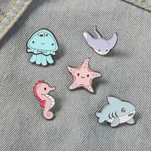 Broches de esmalte de tubarão, broches de animais do oceano do mar, bolsa de desenho animado kawaii, lapela, pino e emblema, presente de metal para meninas