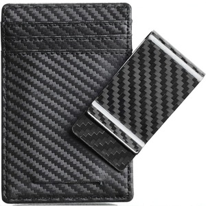 Portefeuille minimaliste en fibre de carbone, compact, protection RFID, porte-cartes de crédit ultra fin, cuir véritable, unisexe, noir - Product Image 1