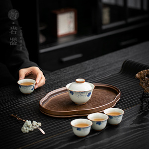 Hand Painted Peony Mini <b>Tea</b> <b>Infuser</b> Gaiwan Teacup Set With Lid Oval Wooden Tray For Gongfu <b>Tea</b> Ceremony Dehua Porcelain - Product Image 1