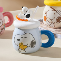 Mug à café en céramique mignon avec couvercle et paille, motif Snoopy, capacité 500 ml, idéal pour un cadeau