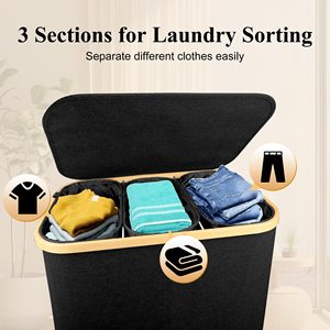 Custom Collapsible Bamboo Laundry Basket Cotton Foldable Dirty <strong>Hamper</strong> with Lid and 3 Removable Bags Handle for <strong>Family</strong> - Product Image 6
