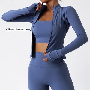 Outdoor Sportswear Women Zip Up Jacket Sets Fitness Gym Suit 3 Piece Yoga Set With Jacket