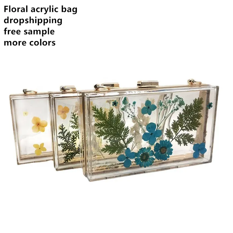 Dropshipping Bán Buôn Phụ Nữ Nhỏ Trong Suốt Pvc Túi Xách Acrylic Rõ Ràng Vuông Lady Cluth Với Daisy Floral