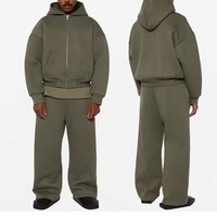 Survêtement personnalisé pour hommes 500 Gsm Zipper Plain Sweatsuit Épaule tombante Baggy Surdimensionné Blanc Poids lourd Ensemble de sweat à capuche et pantalon de survêtement