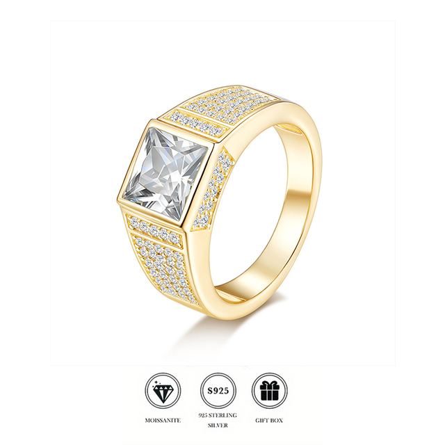 Luxury Bling Latest Asscher Cut Moissanite Men Signet Ring 18K Gold Plated Sterling Silver Nickel-Free Tarnish Resistant Iced