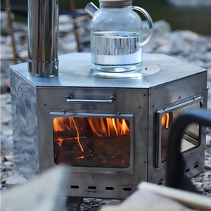 Poêle <span class=keywords><strong>à</strong></span> <span class=keywords><strong>bois</strong></span> hexagonal multifonctionnel en acier inoxydable pour le camping en plein air, pour cuisiner/chauffer/élever la température, avec pieds pliables - Product Image 4