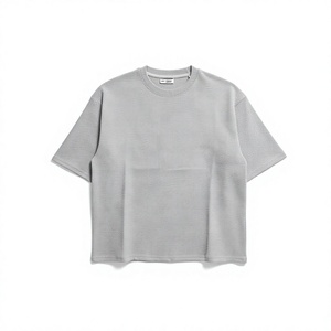 Men's Oversized <b>Waffle</b> Knit Short Sleeve T-<b>Shirt</b> Solid Gray Casual O-Neck Breathable Cotton Top - Product Image 1