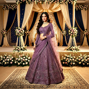 Conjunto de Lehenga Choli Bordado Intensamente en Color Morado para Mujer, Venta al Por Mayor |   Dupatta de red con lentejuelas para novias y fiestas, de secado rápido, para todo tipo de ocasiones. - Product Image 1