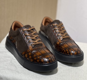 Baskets décontractées pour hommes en cuir de crocodile 100 % véritable, marron, à lacets, basses, de luxe, style skate - Product Image 3