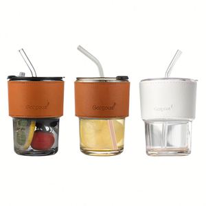 แก้วน้ำแก้วใสขนาด 400 มล. แก้วน้ำทรงสูงแบบหนา แก้วกาแฟเก็บความร้อน แก้วน้ำแข็งใส แก้วกาแฟพร้อมหลอดและฝาปิดสนิท พกพาสะดวก - Product Image 1