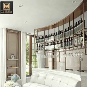 Unique Design of Curved Metal Wine Rack Hotel Restaurant Bar Wine Display Cellar Ceiling Punched Display Stainless Steel Stand