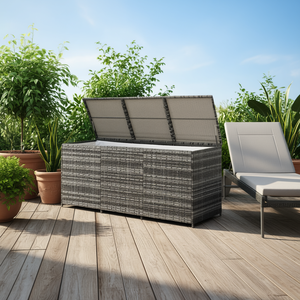 Caja de Almacenamiento Exterior Tejida de Resina PE Gris con Forro para Cojines de Patio, Juguetes y Herramientas - Product Image 2