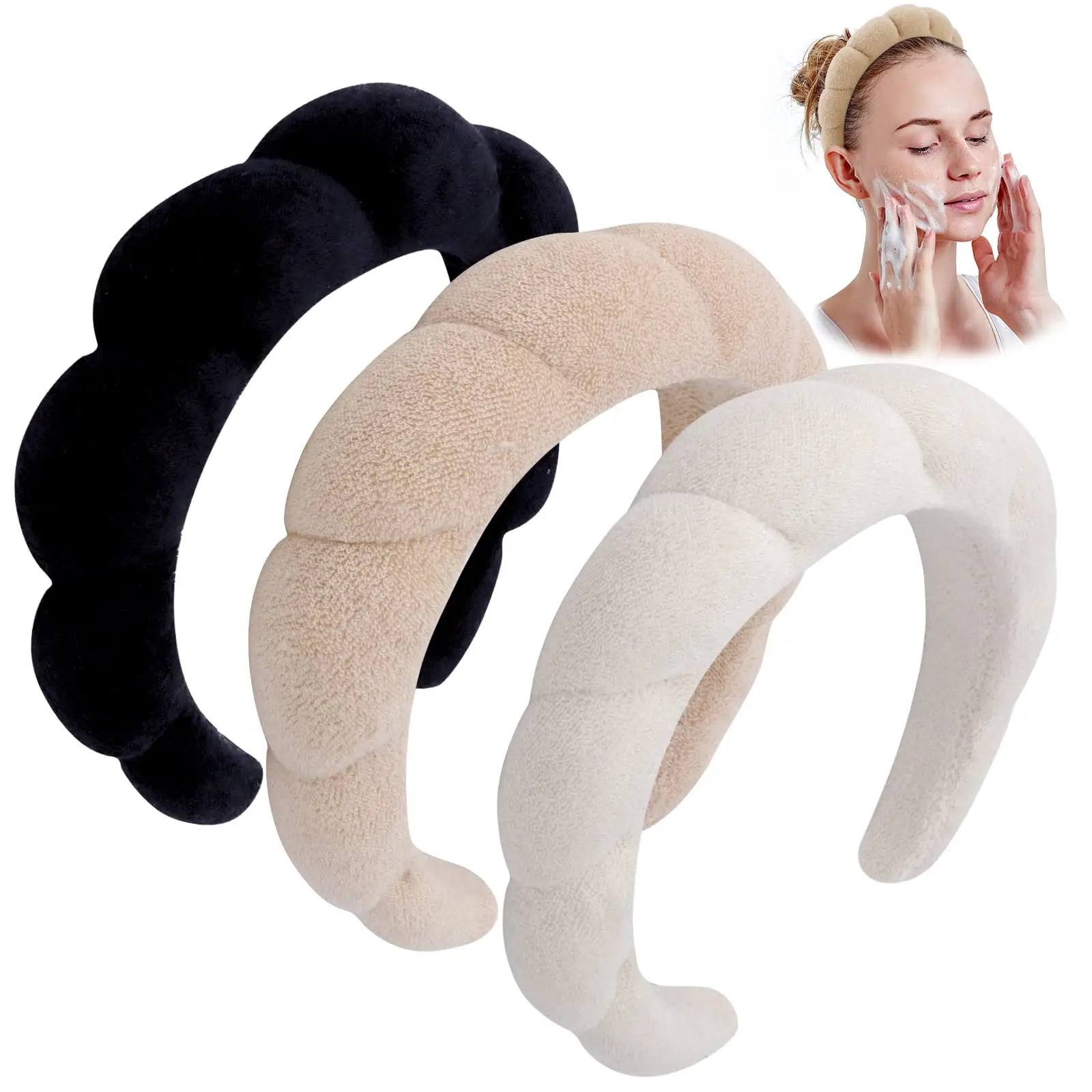 2024 Amazon Hot Bán 3 gói kaki nâu đen Spa Headband tóc rộng sưng húp tóc ban nhạc mới bọc đệm miếng bọt biển Khăn đầu ban nhạc